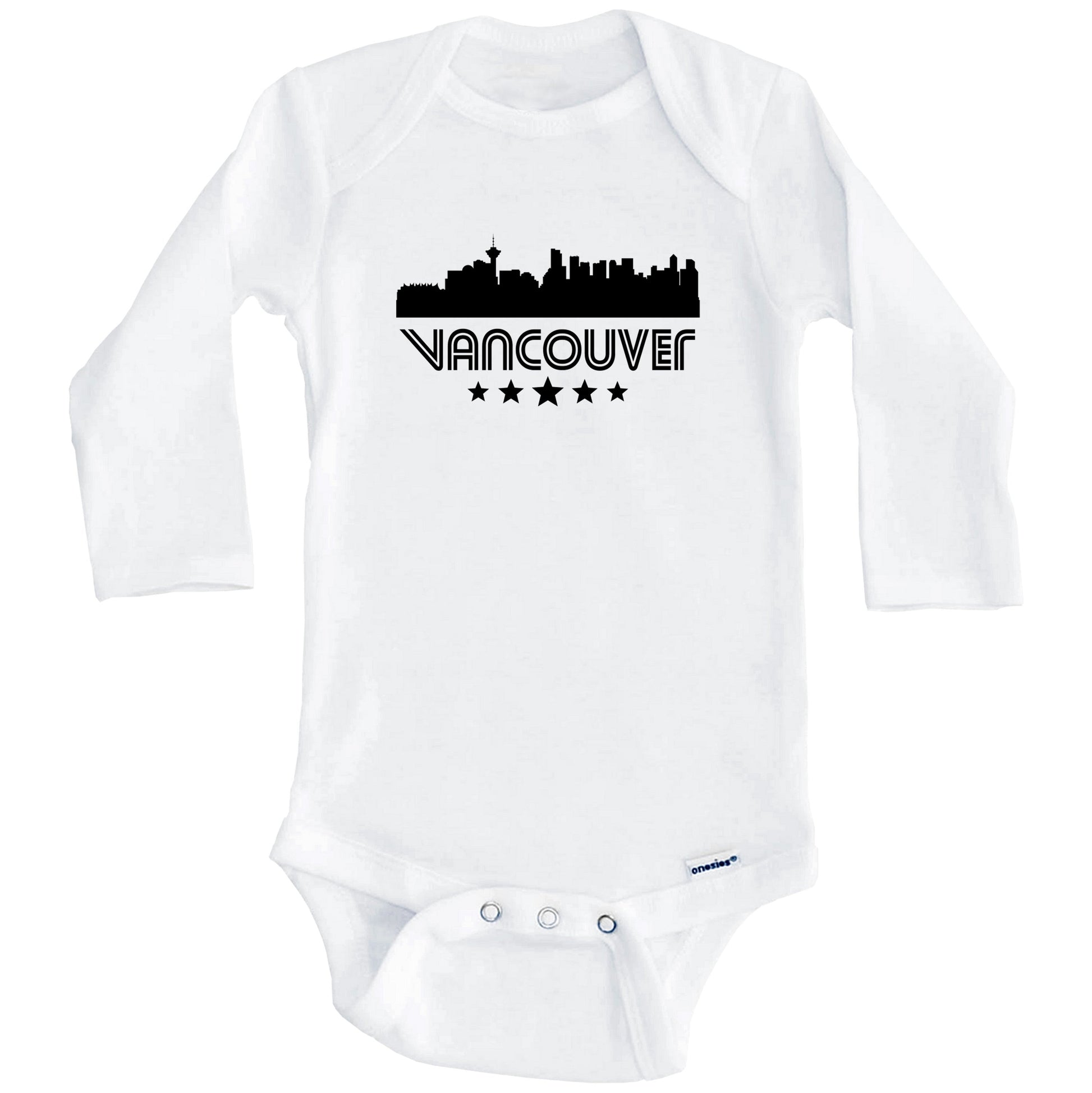 Vancouver British Columbia Skyline Retro Style Baby Onesie (Long Sleeves)