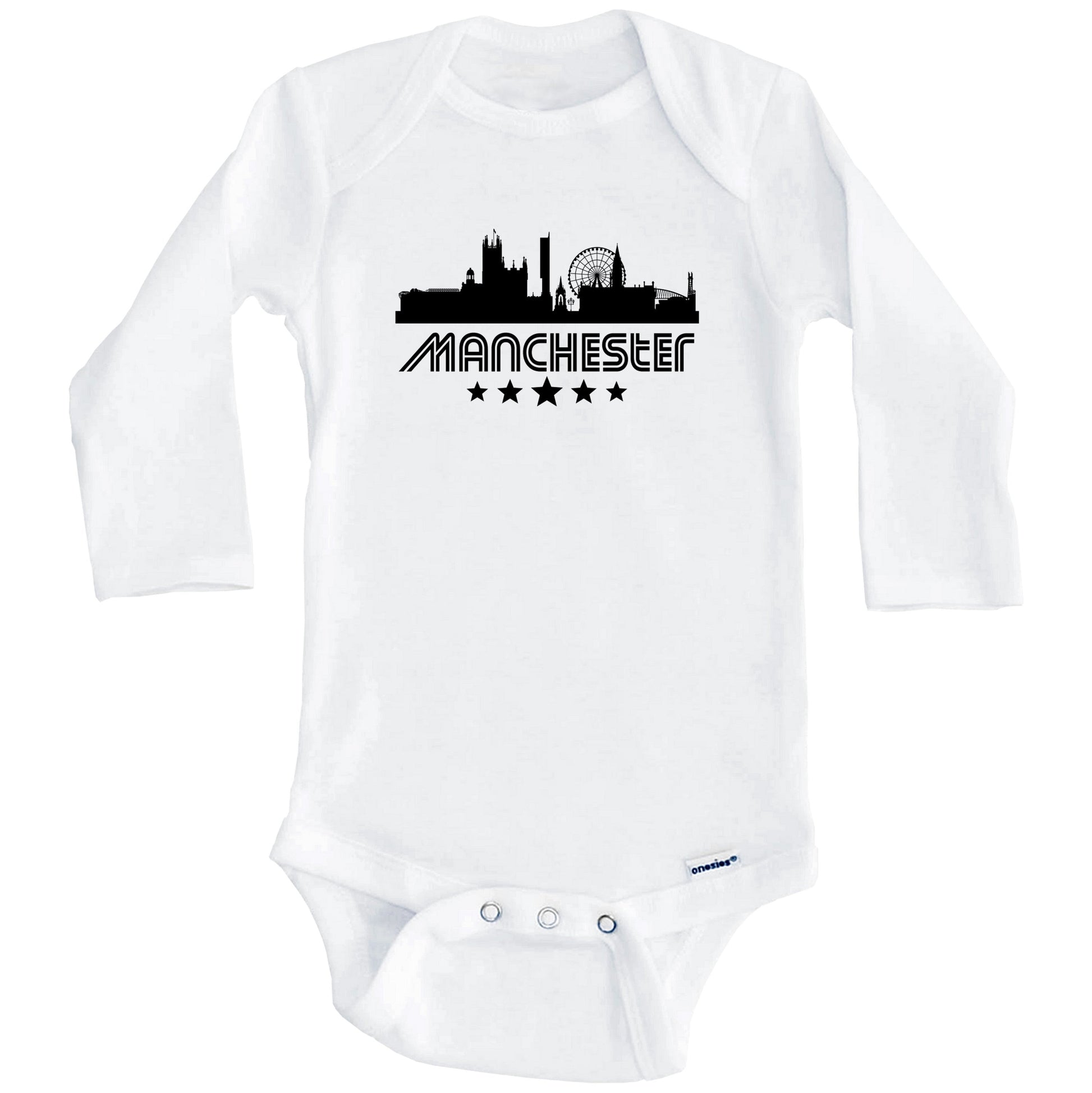 Manchester England Skyline Retro Style Baby Onesie (Long Sleeves)