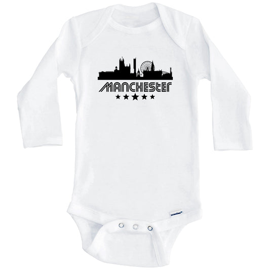 Manchester England Skyline Retro Style Baby Onesie (Long Sleeves)