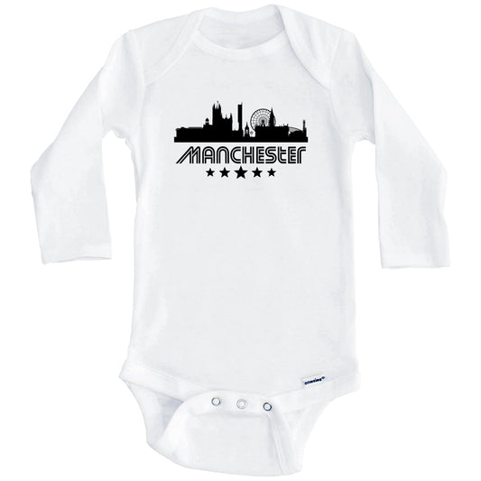 Manchester England Skyline Retro Style Baby Onesie (Long Sleeves)