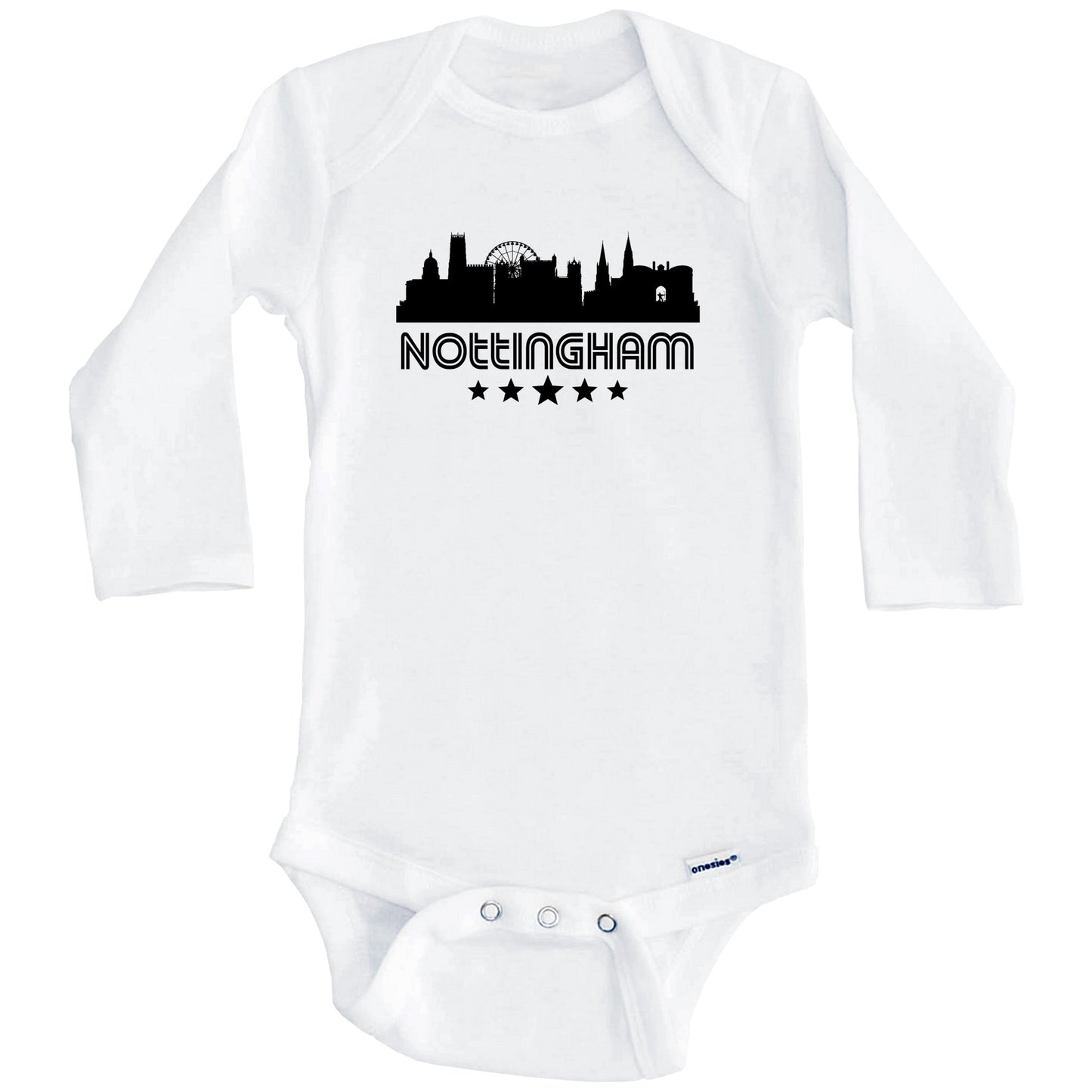 Nottingham England Skyline Retro Style Baby Onesie (Long Sleeves)