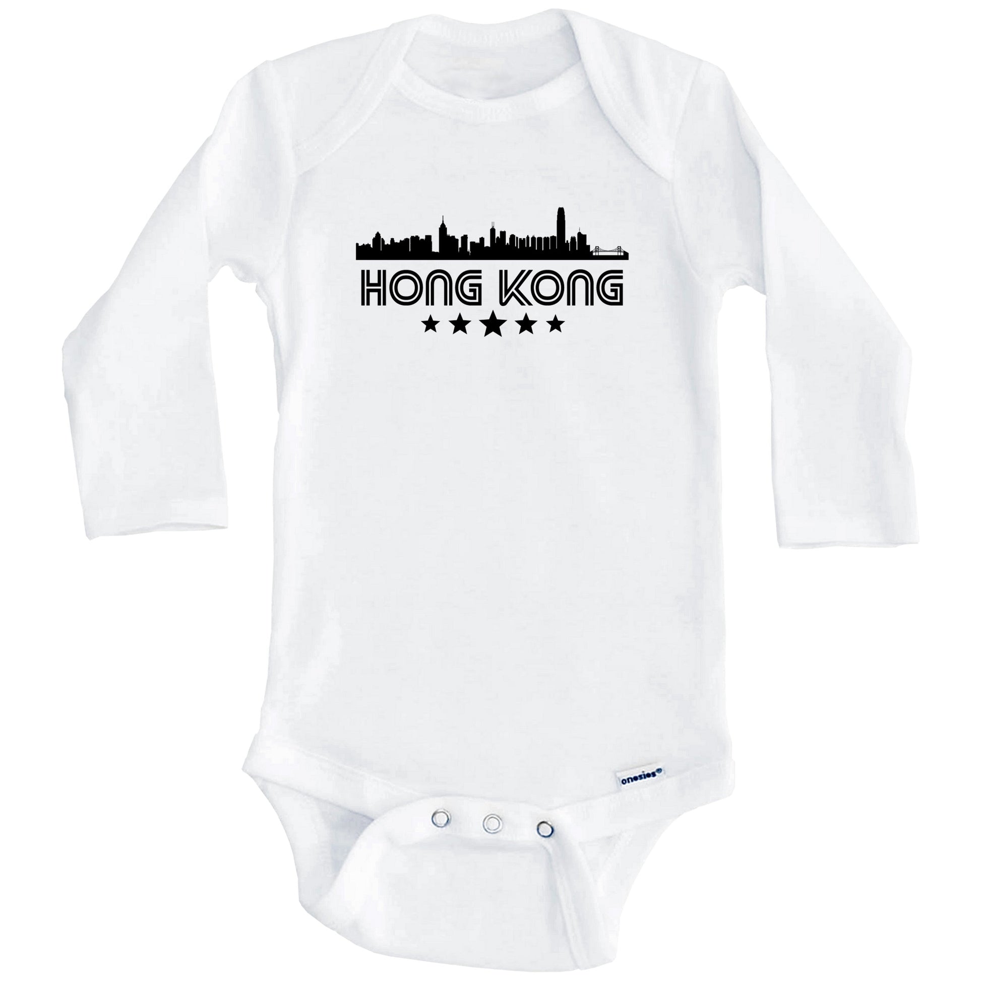 Hong Kong China Skyline Retro Style Baby Onesie (Long Sleeves)