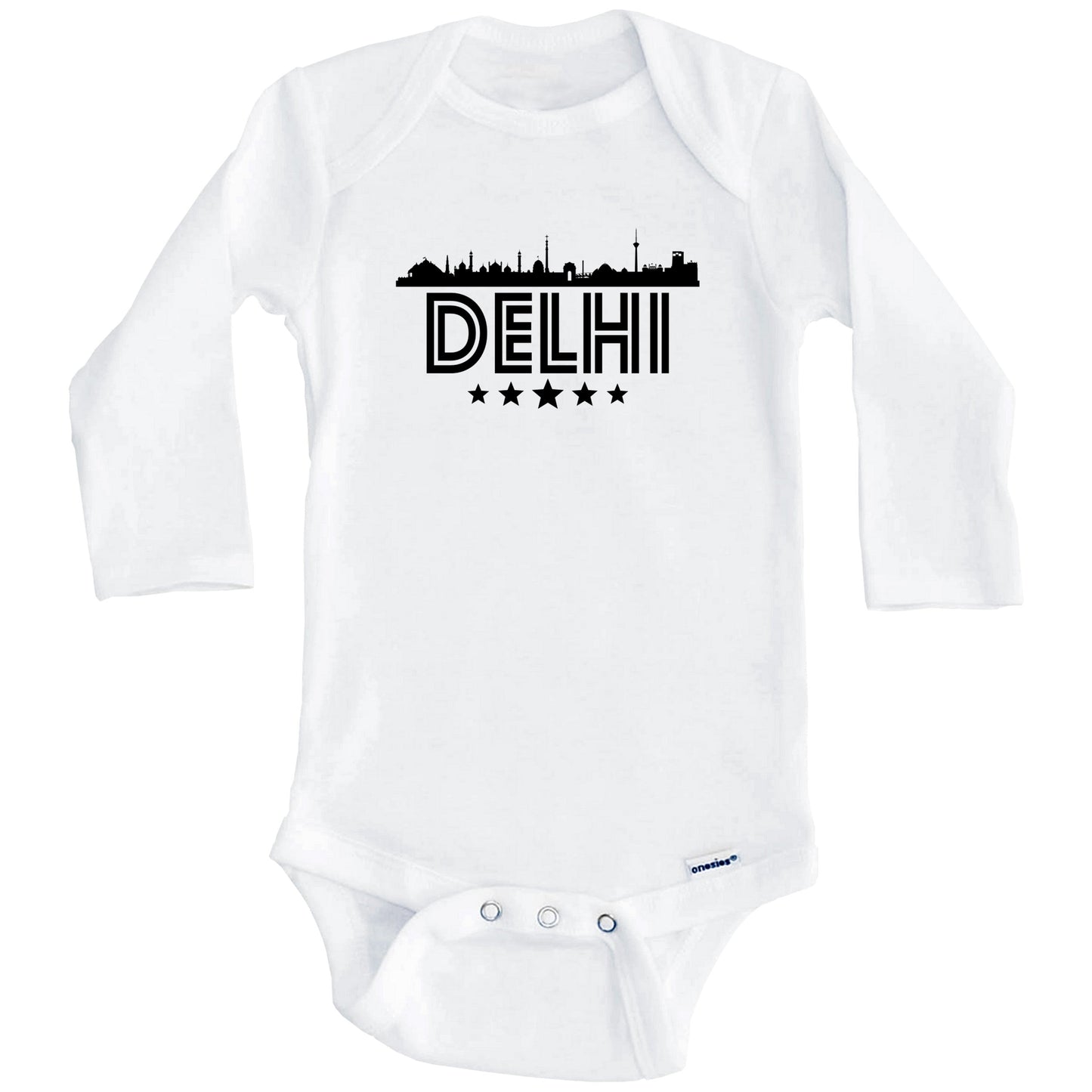 Delhi India Skyline Retro Style Baby Onesie (Long Sleeves)