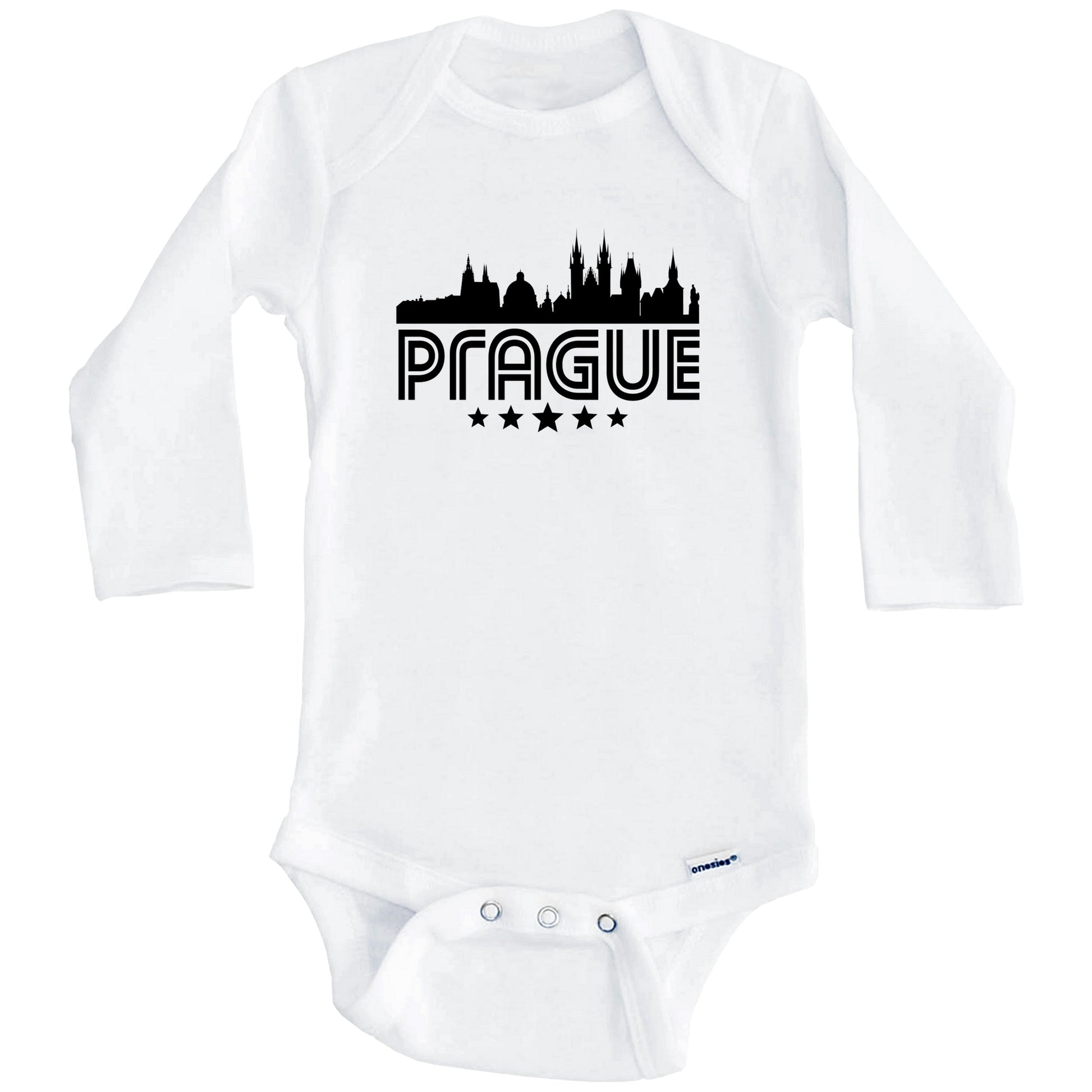 Prague Czech Republic Skyline Retro Style Baby Onesie (Long Sleeves)