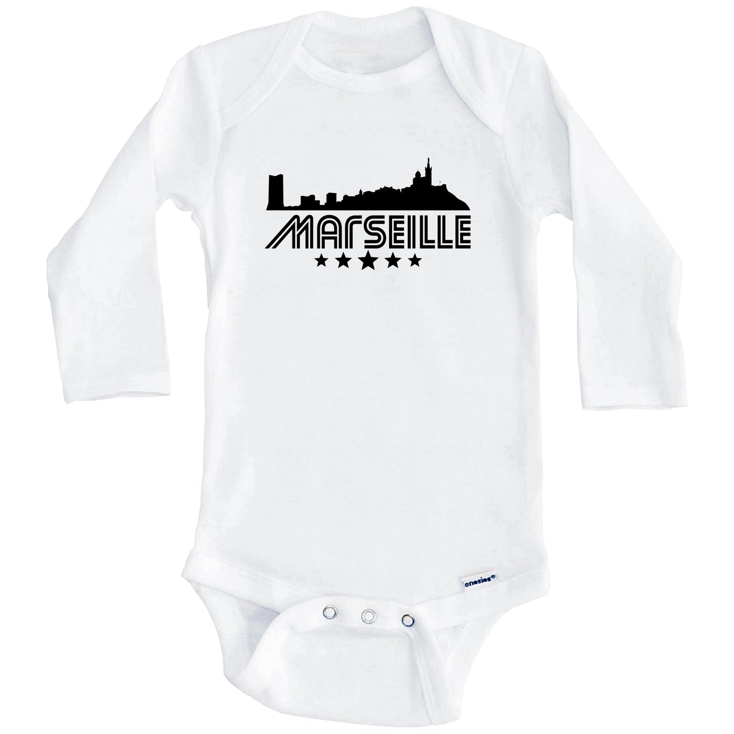 Marseille France Skyline Retro Style Baby Onesie (Long Sleeves)