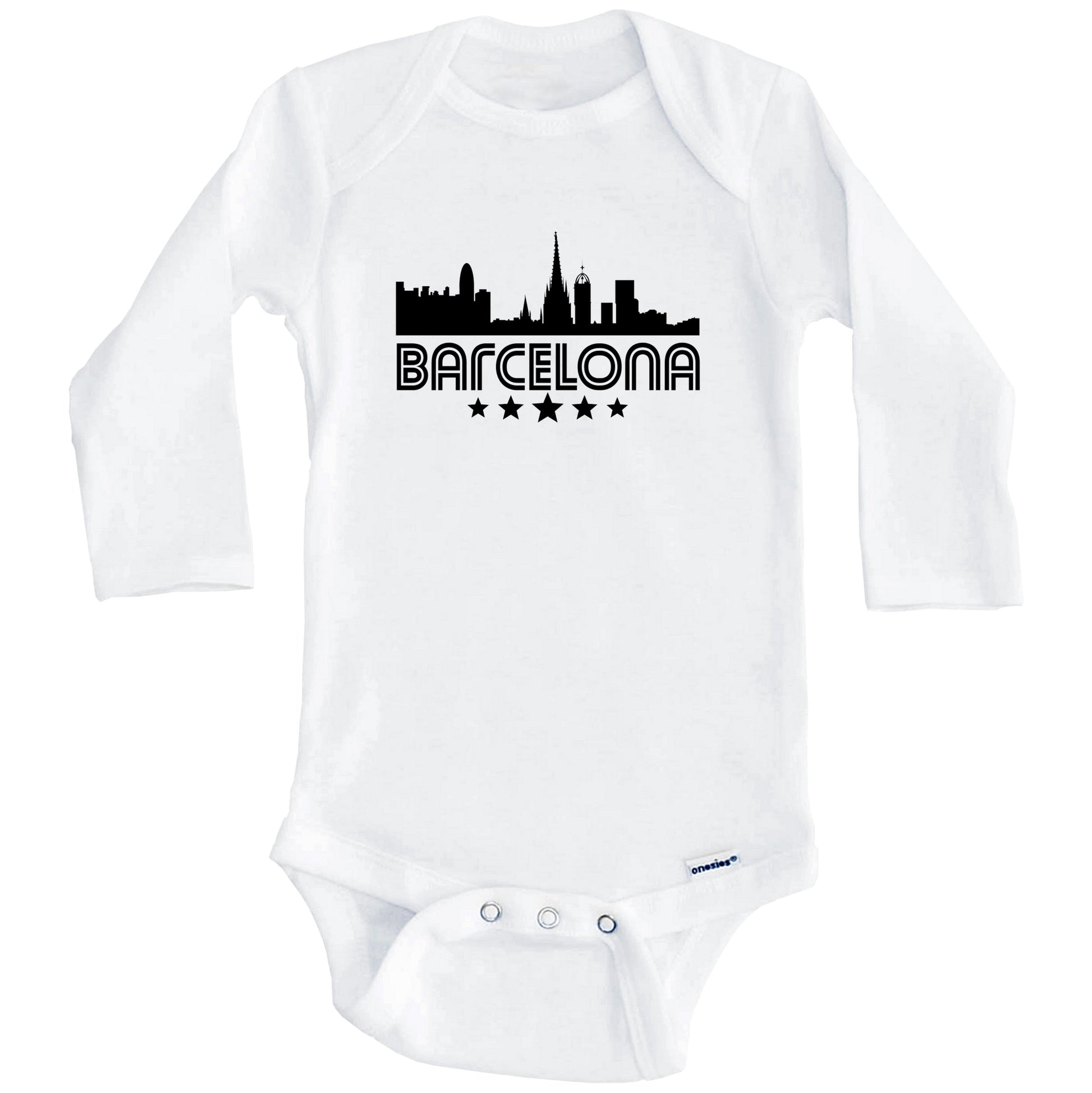 Barcelona Spain Skyline Retro Style Baby Onesie (Long Sleeves)