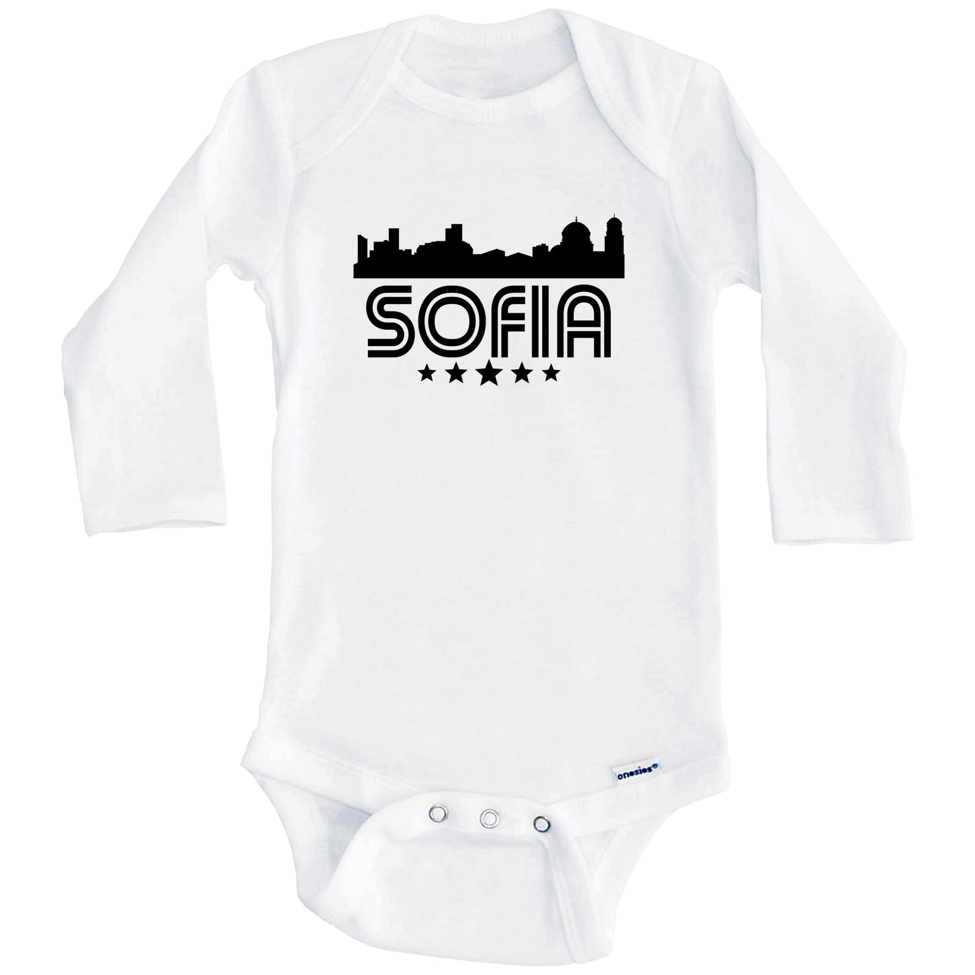 Sofia Bulgaria Skyline Retro Style Baby Onesie (Long Sleeves)