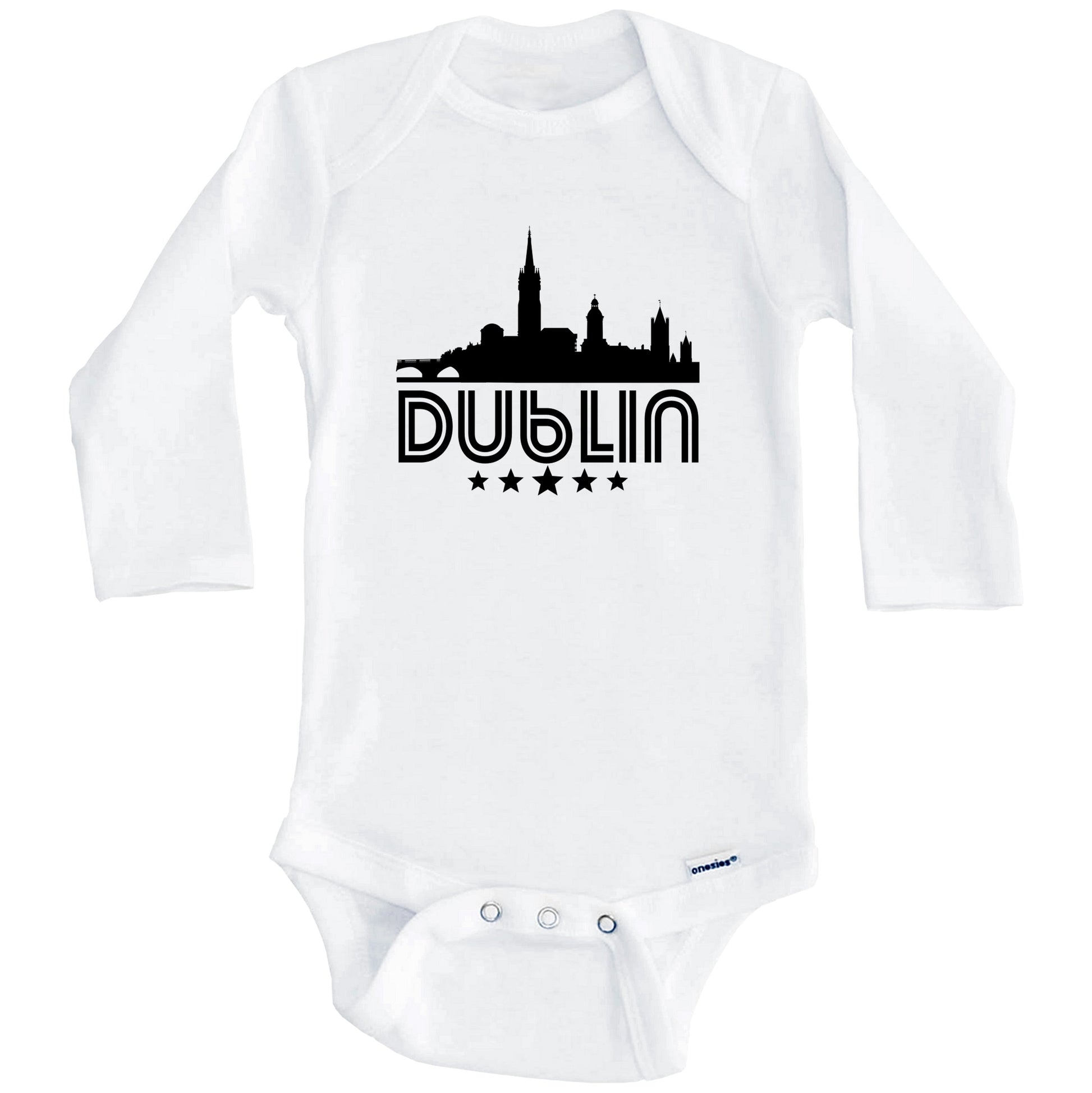 Dublin Ireland Skyline Retro Style Baby Onesie (Long Sleeves)