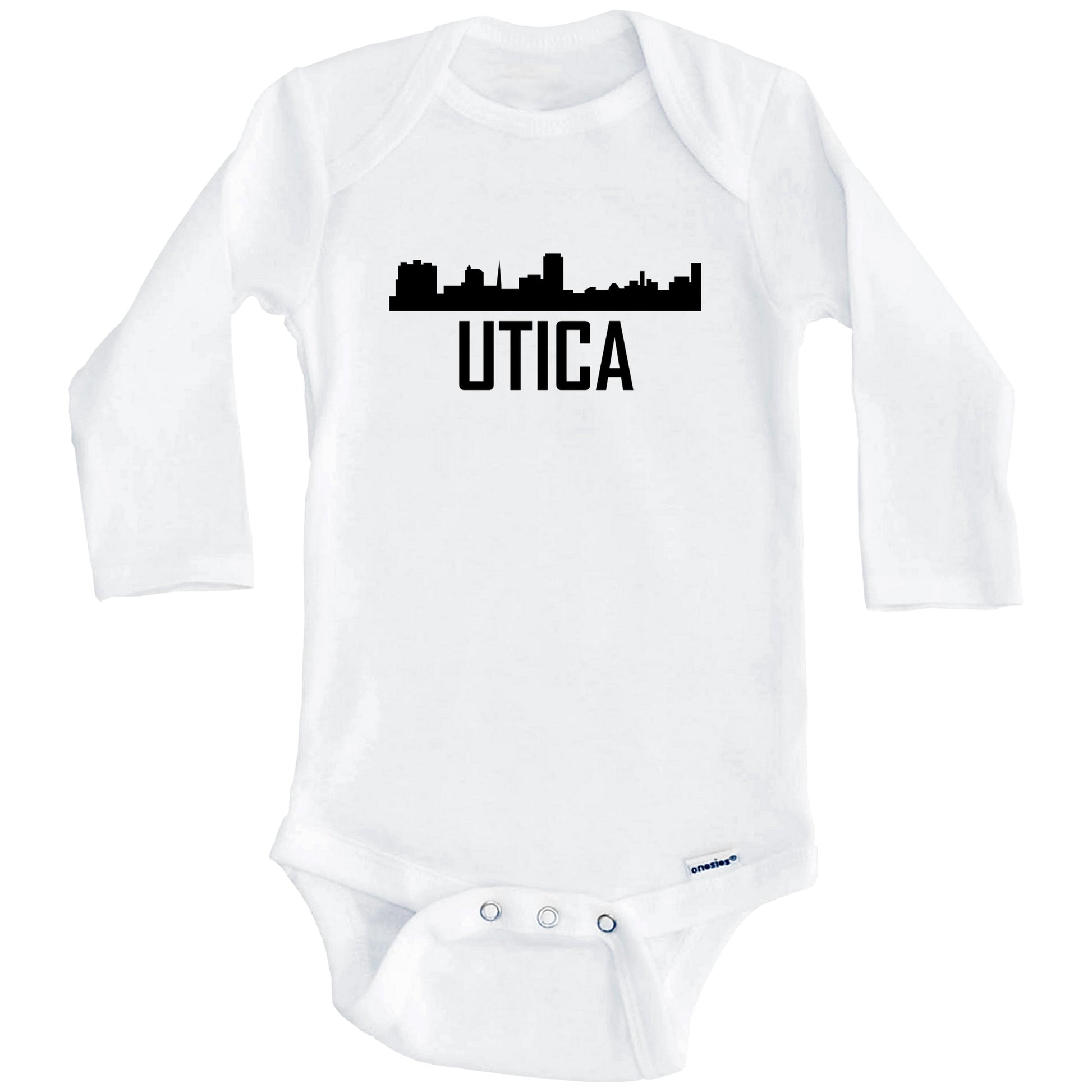 Utica New York Skyline Silhouette Baby Onesie (Long Sleeves)