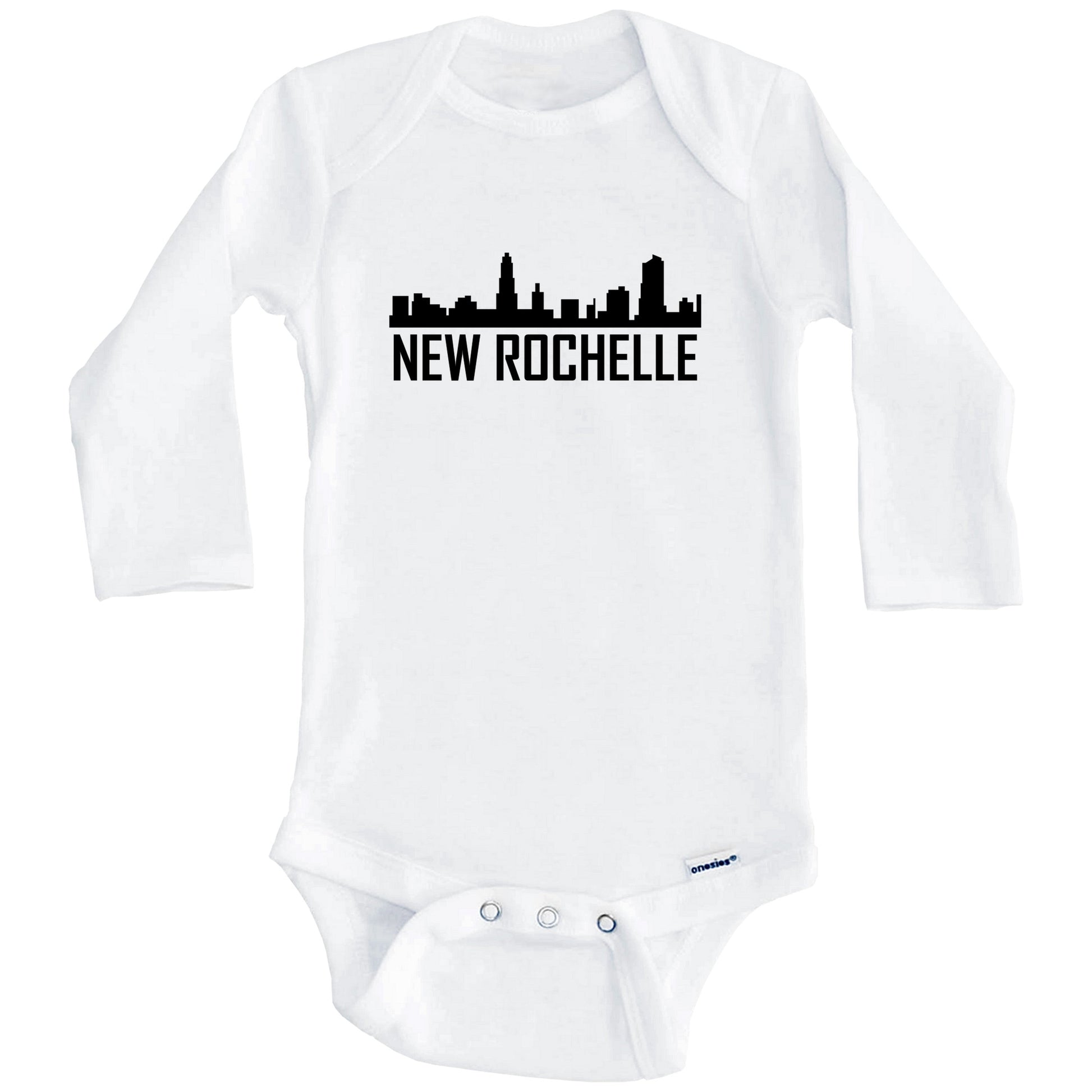 New Rochelle New York Skyline Silhouette Baby Onesie (Long Sleeves)