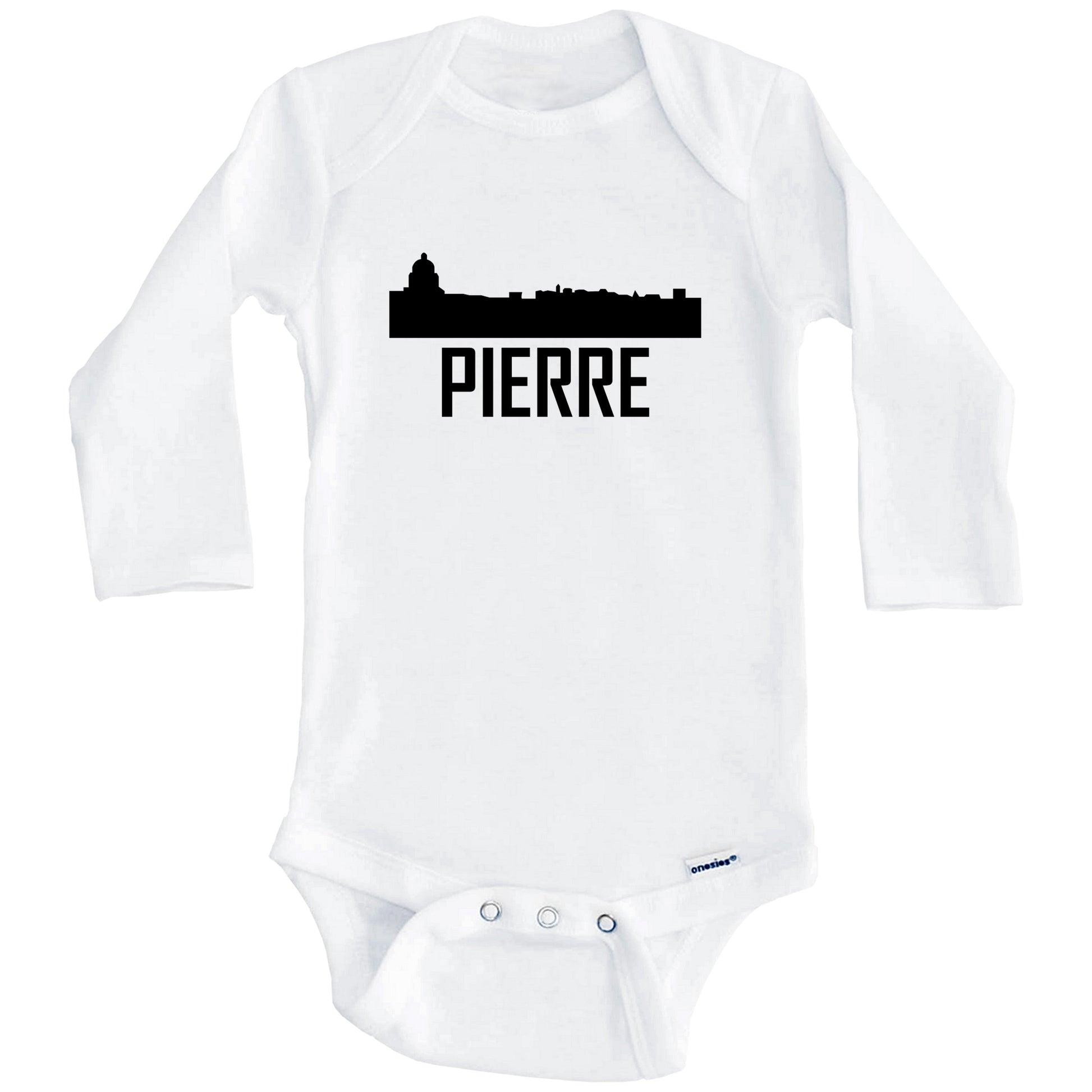Pierre South Dakota Skyline Silhouette Baby Onesie (Long Sleeves)