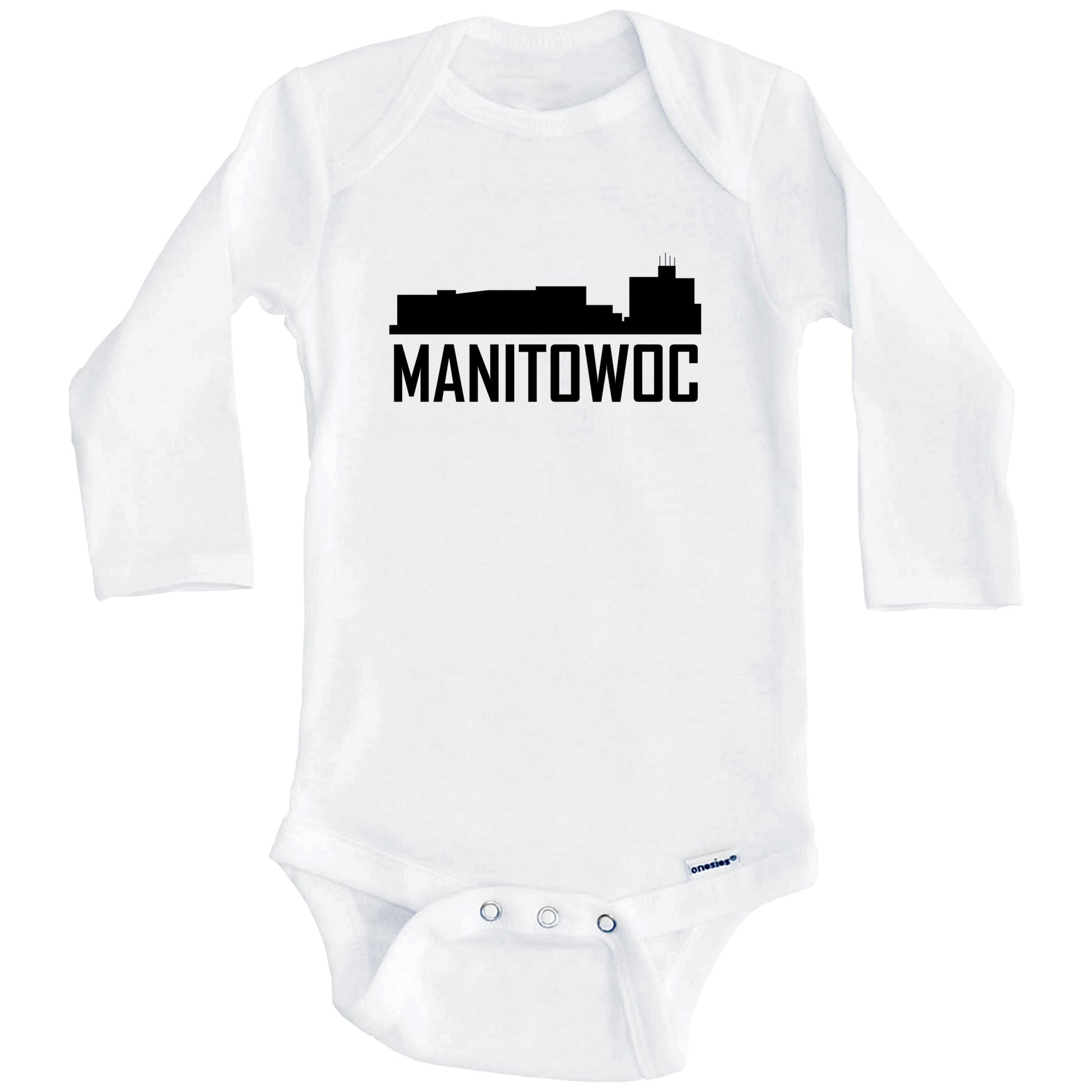 Manitowoc Wisconsin Skyline Silhouette Baby Onesie (Long Sleeves)