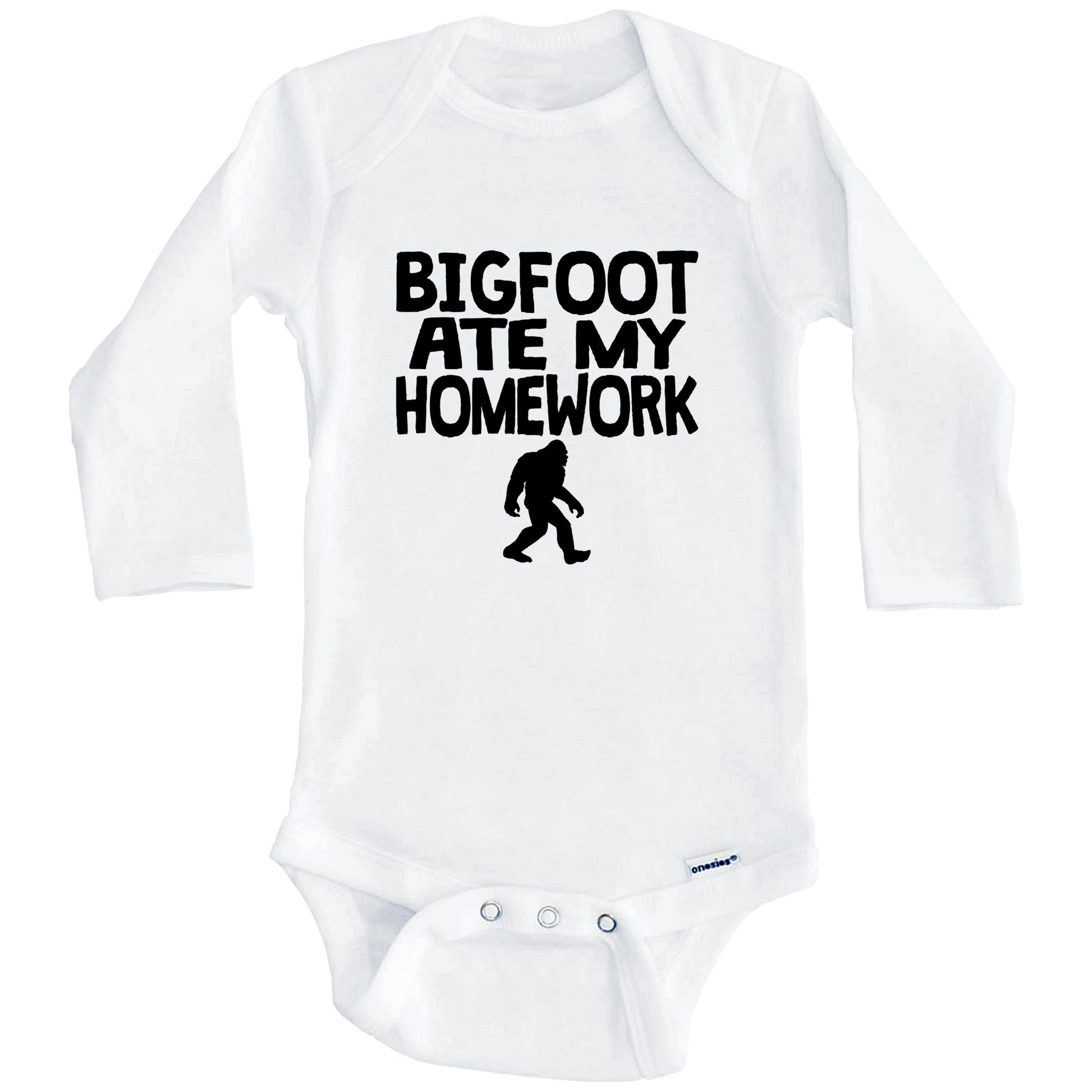 Bigfoot Ate My Homework Funny Sasquatch Baby Onesie (Long Sleeves)