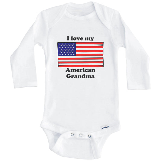 I Love My American Grandma America Flag Grandchild Baby Onesie (Long Sleeves)