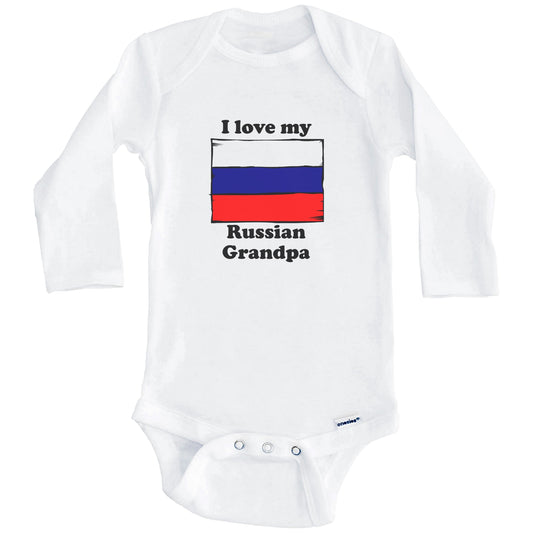 I Love My Russian Grandpa Russia Flag Grandchild Baby Onesie (Long Sleeves)