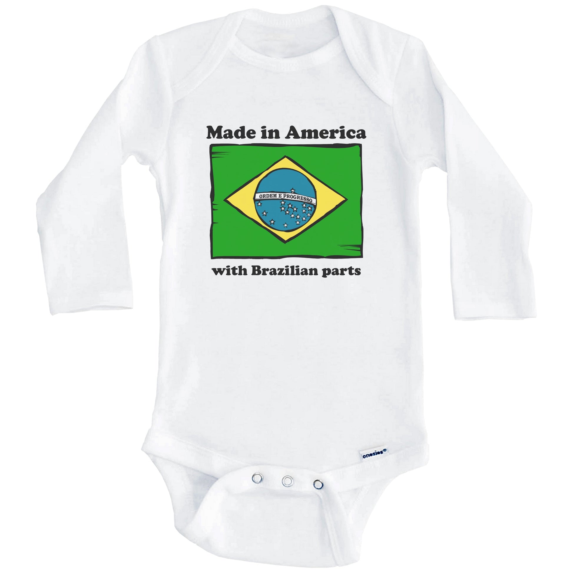 Made In America With Brazilian Parts Funny Brazil Flag Baby Onesie (Long Sleeves)