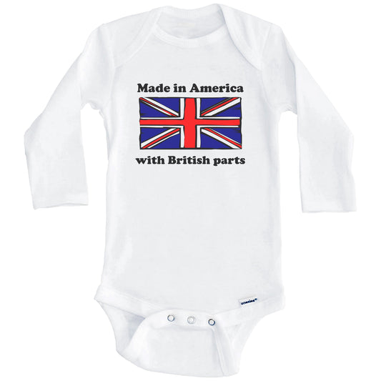 Made In America With British Parts Funny United Kingdom Flag Baby Onesie (Long Sleeves)