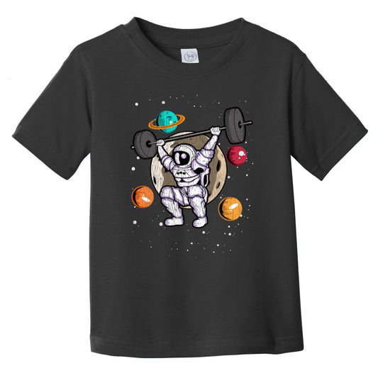 Weightlifting Astronaut Outer Space Spaceman Gym Fitness Distressed Infant Toddler T-Shirt