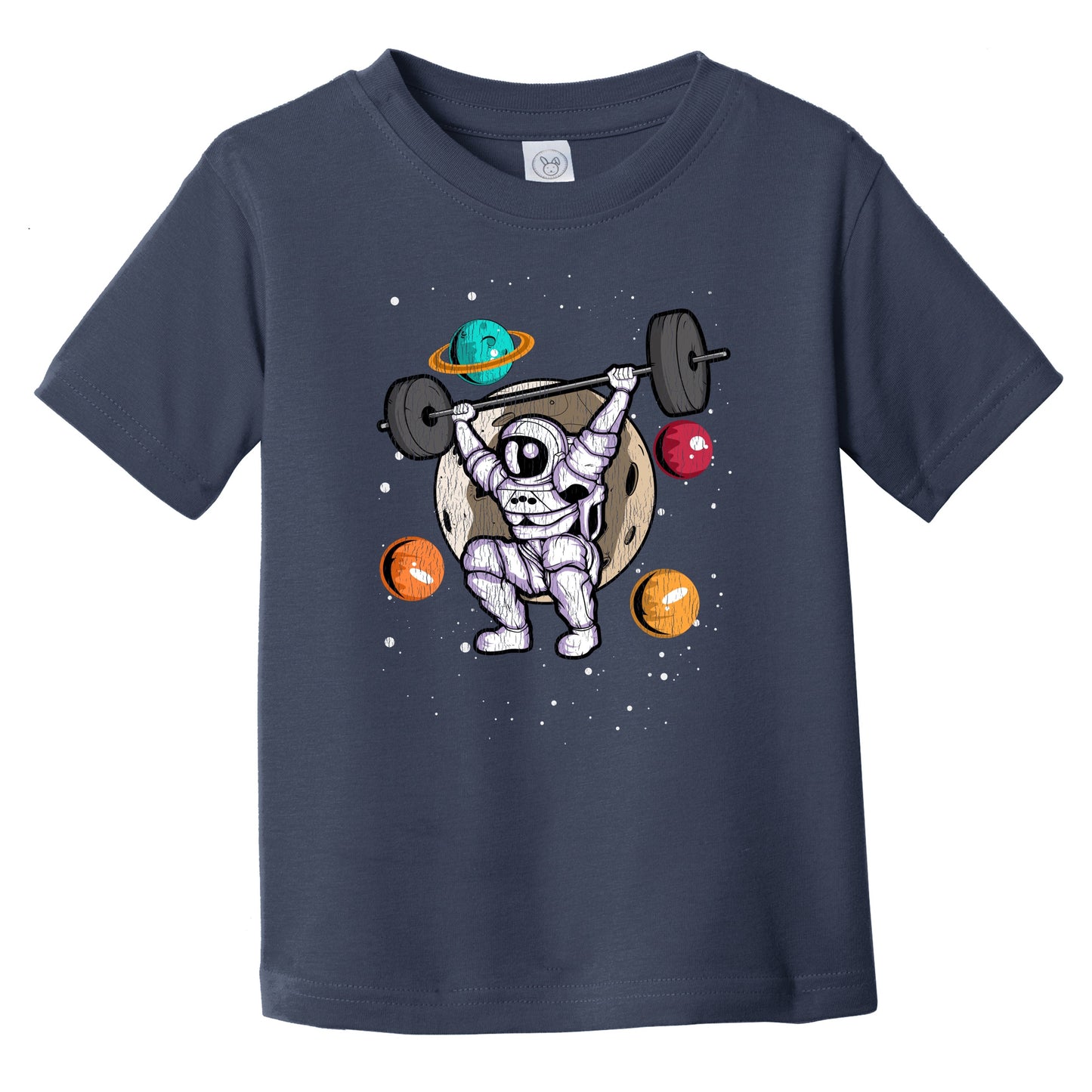 Weightlifting Astronaut Outer Space Spaceman Gym Fitness Distressed Infant Toddler T-Shirt