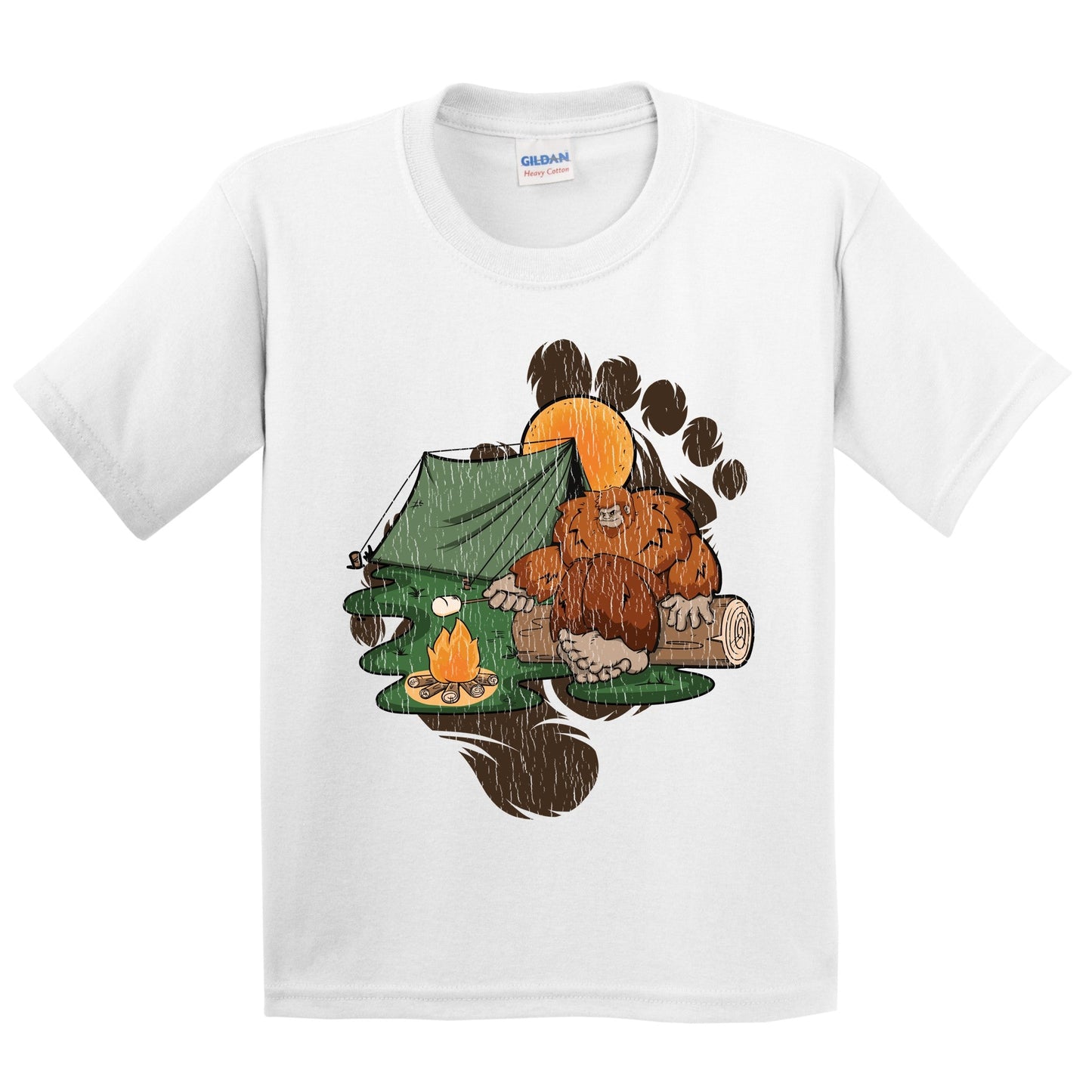 Kids Bigfoot Camping Shirt - Sasquatch Roasting Marshmallows Youth T-Shirt