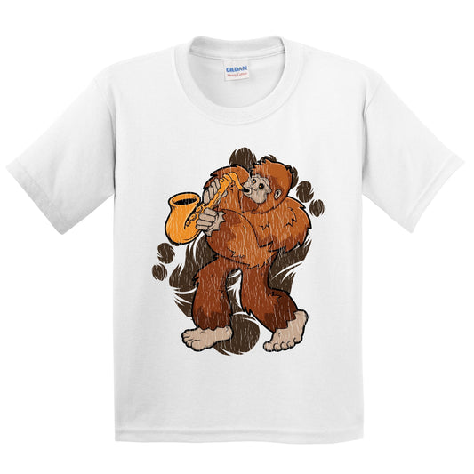 Kids Bigfoot Saxophone Shirt - Sasquatch Playing Sax Youth T-Shirt