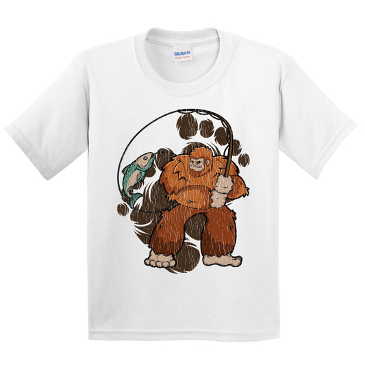 Kids Bigfoot Fishing Shirt - Sasquatch Catching a Fish Youth T-Shirt