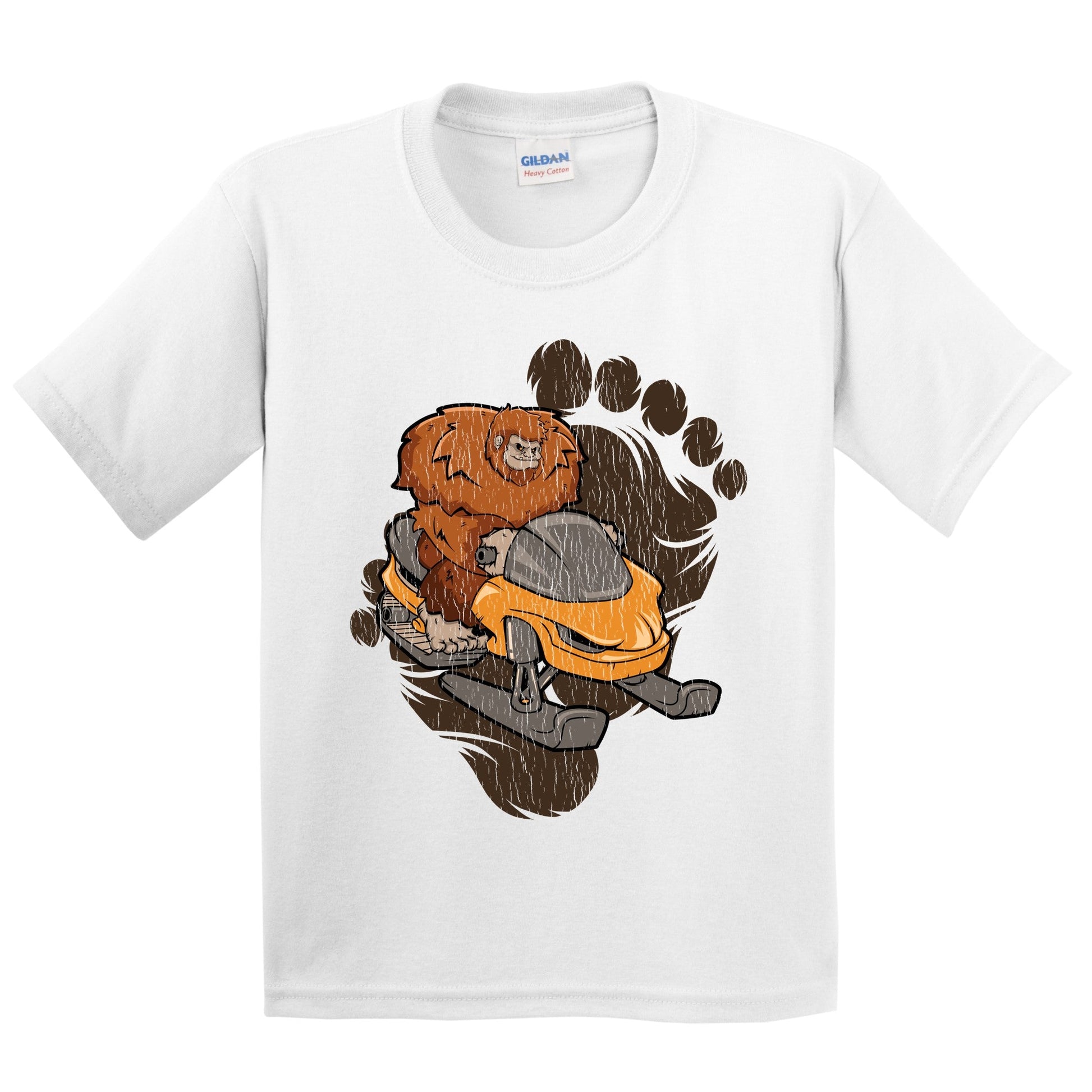 Kids Bigfoot Snowmobiling Shirt - Sasquatch Riding Snowmobile Youth T-Shirt