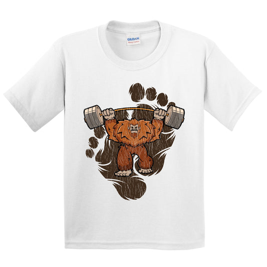 Kids Bigfoot Weightlifting Shirt - Sasquatch Lifting Weights Youth T-Shirt