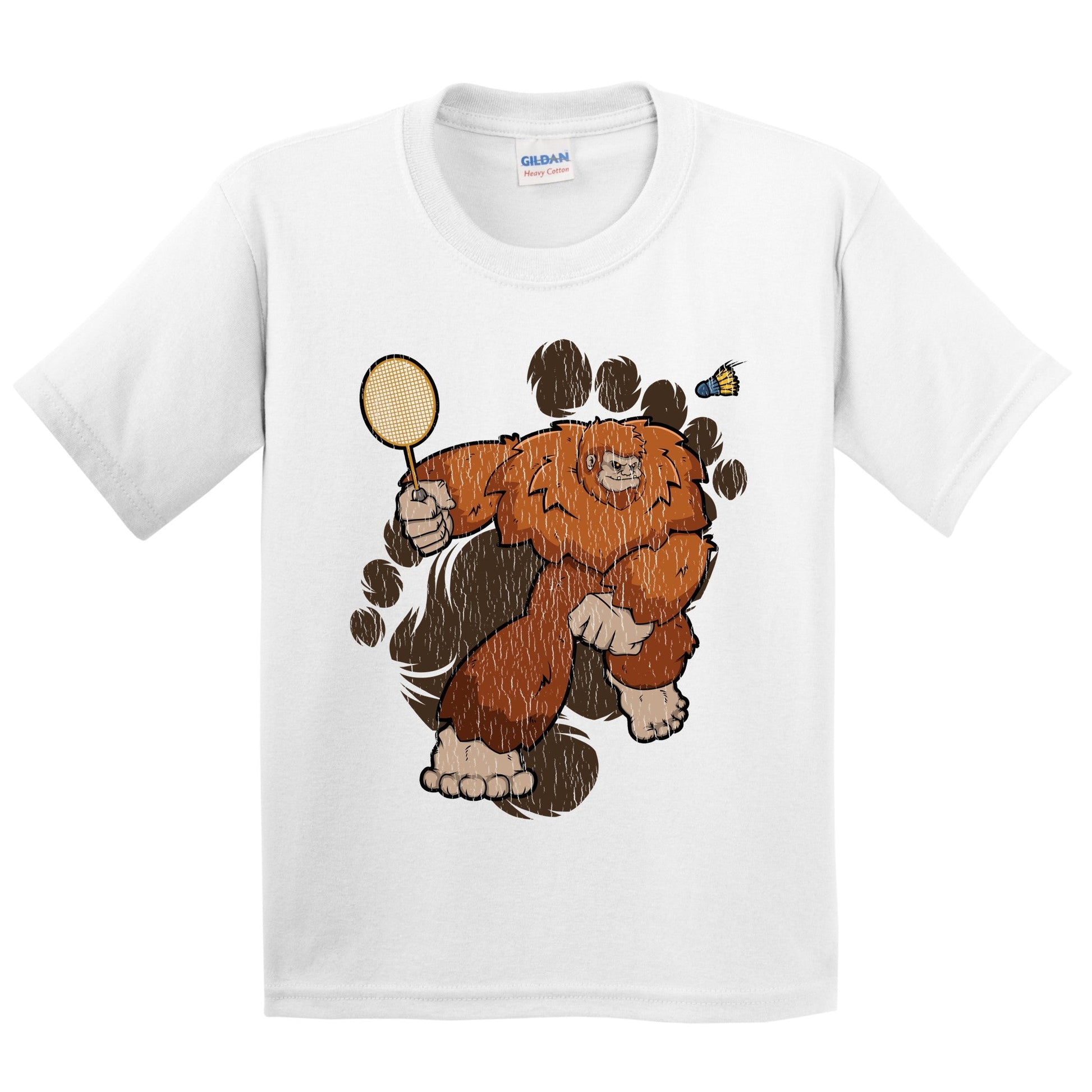 Kids Bigfoot Badminton Shirt - Sasquatch Playing Badminton Youth T-Shirt