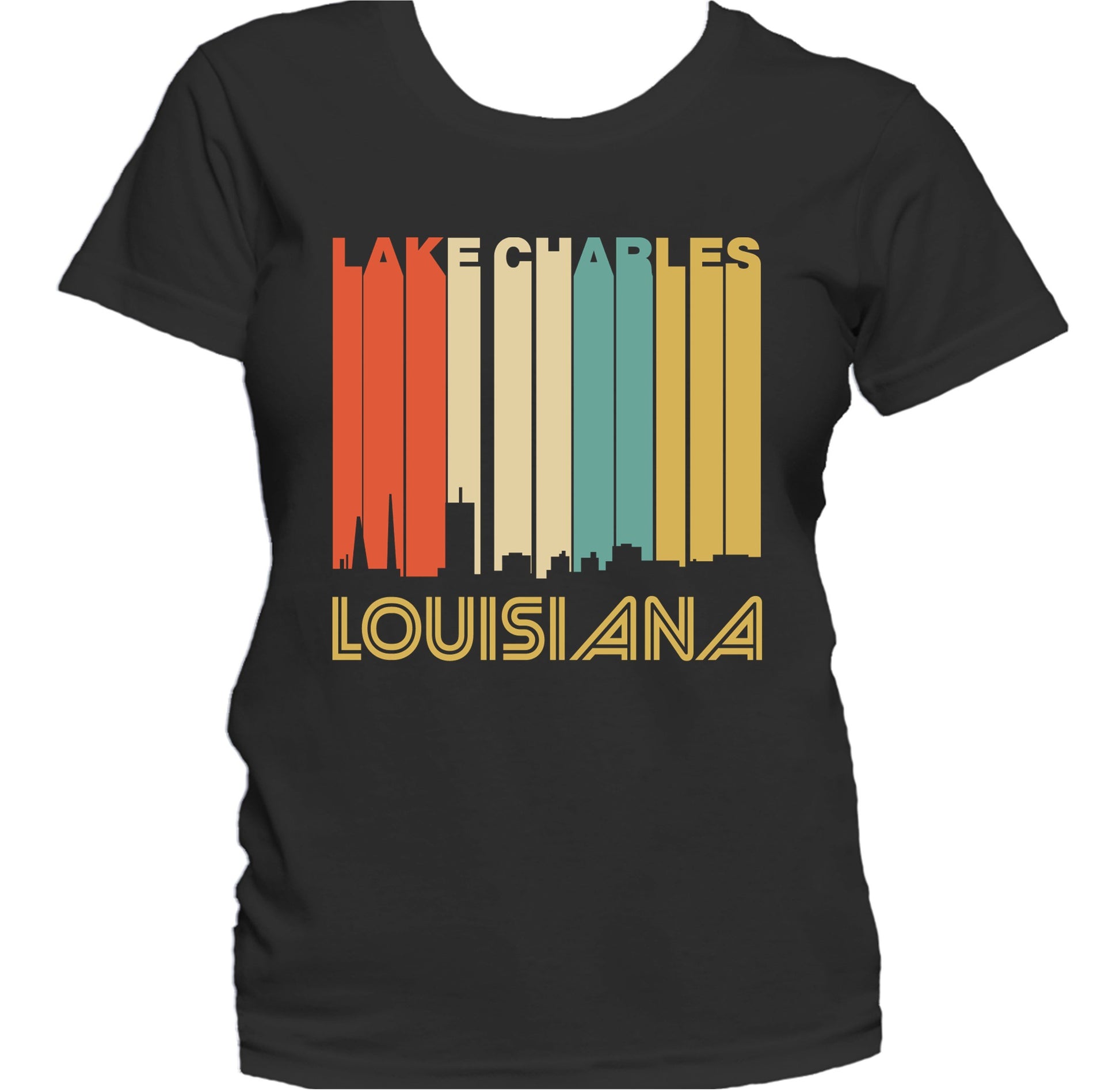 Retro 1970's Style Lake Charles Louisiana Skyline Women's T-Shirt