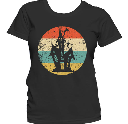 Retro Creepy Scary Haunted House Silhouette Spooky Halloween Women's T-Shirt
