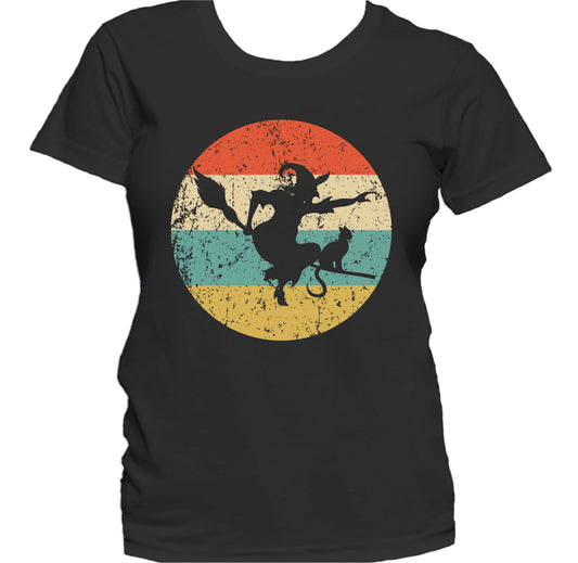 Retro Spooky Scary Flying Witch on Broom Stick Halloween Women's T-Shirt