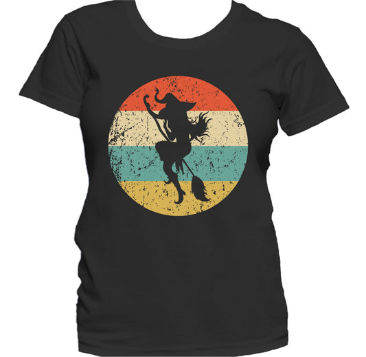 Halloween Spooky Scary Flying Witch on Broom Stick Retro Women's T-Shirt