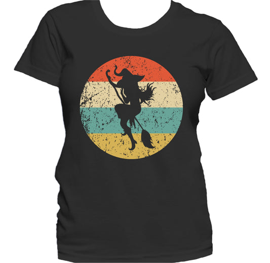 Halloween Spooky Scary Flying Witch on Broom Stick Retro Women's T-Shirt