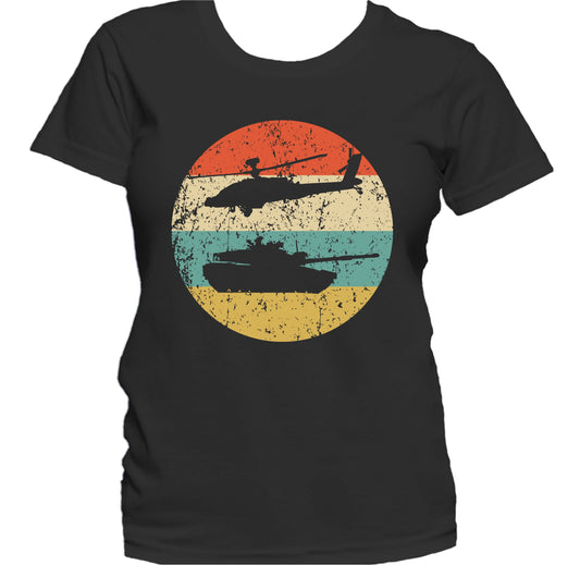 Chinook Helicopter and Tank Silhouette Retro Military Women's T-Shirt