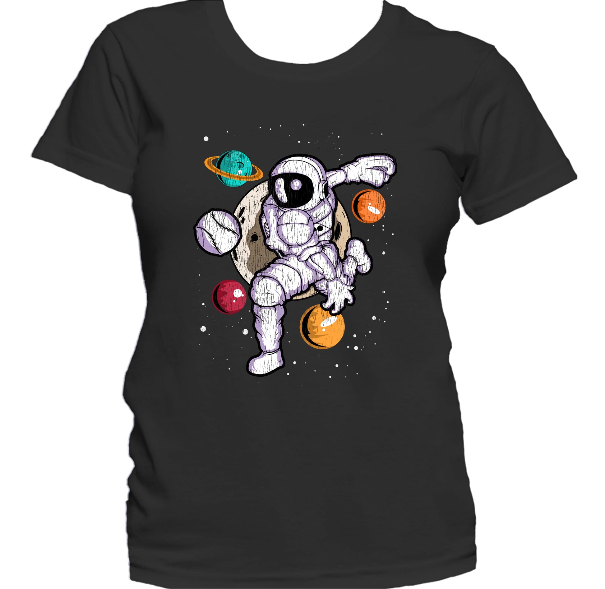 Baseball Pitcher Astronaut Outer Space Spaceman Distressed Women's T-Shirt