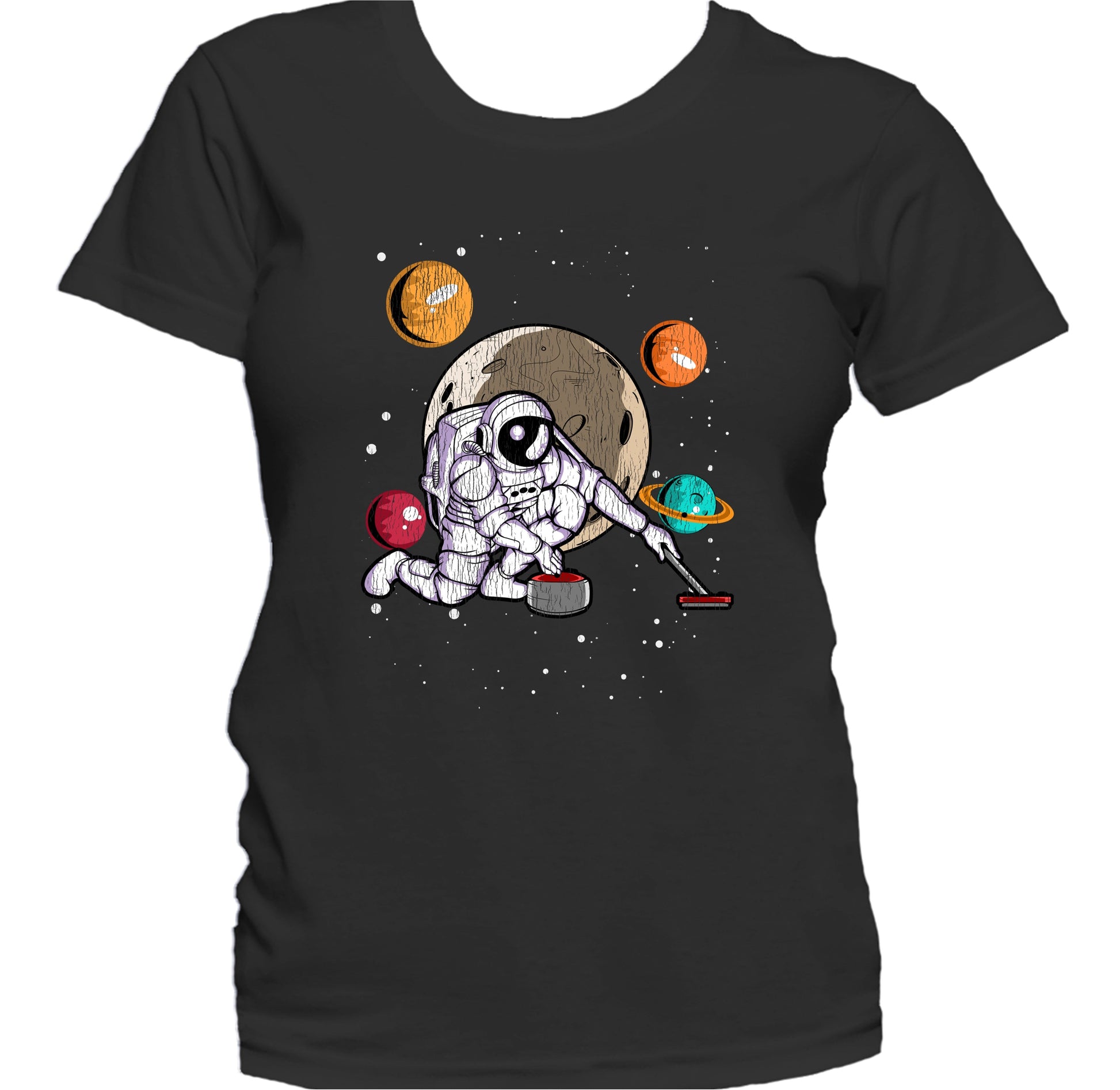 Curling Astronaut Outer Space Spaceman Distressed Women's T-Shirt