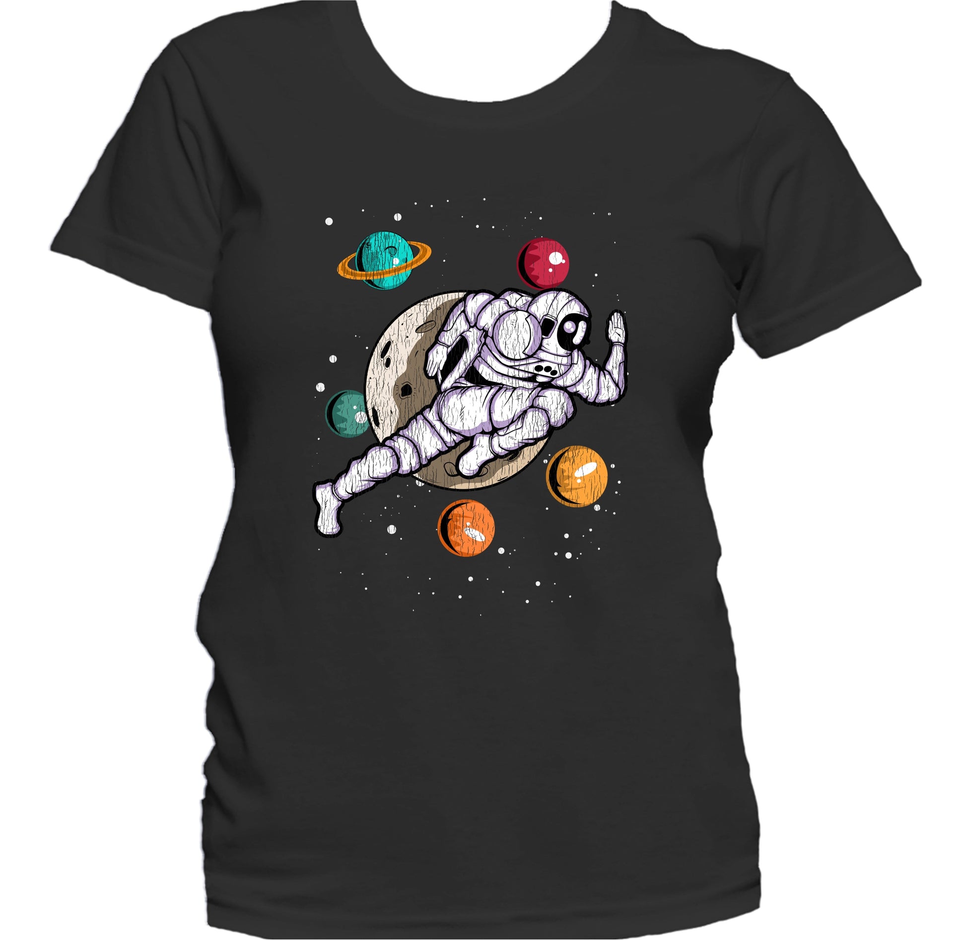 Running Astronaut Outer Space Spaceman Distressed Women's T-Shirt