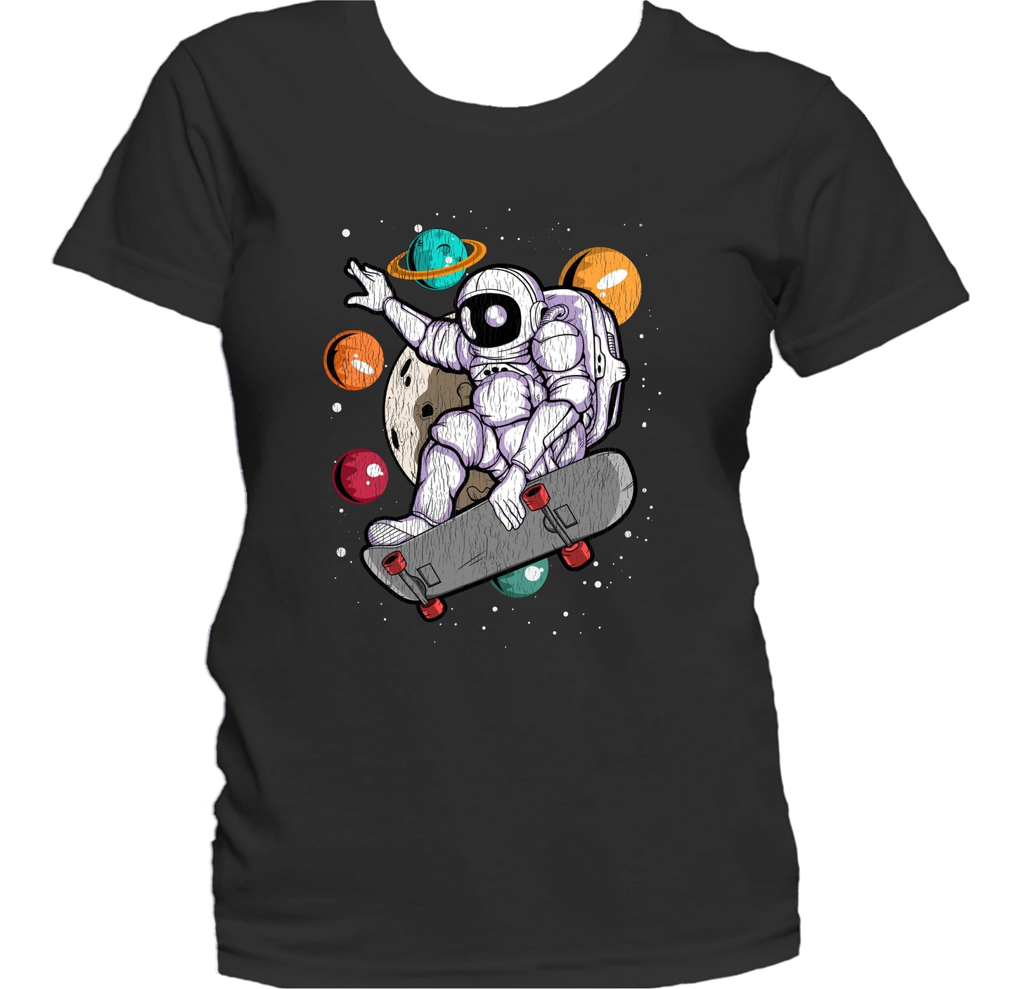 Skateboarding Astronaut Outer Space Spaceman Skater Distressed Women's T-Shirt
