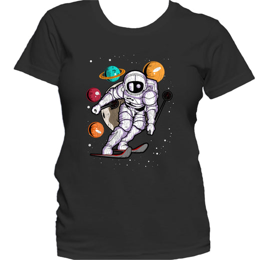 Skiing Astronaut Outer Space Spaceman Distressed Women's T-Shirt