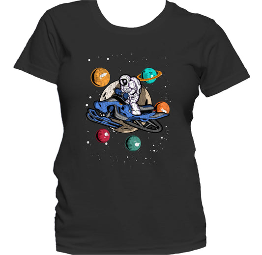Snowmobiling Astronaut Outer Space Spaceman Snowmobile Distressed Women's T-Shirt