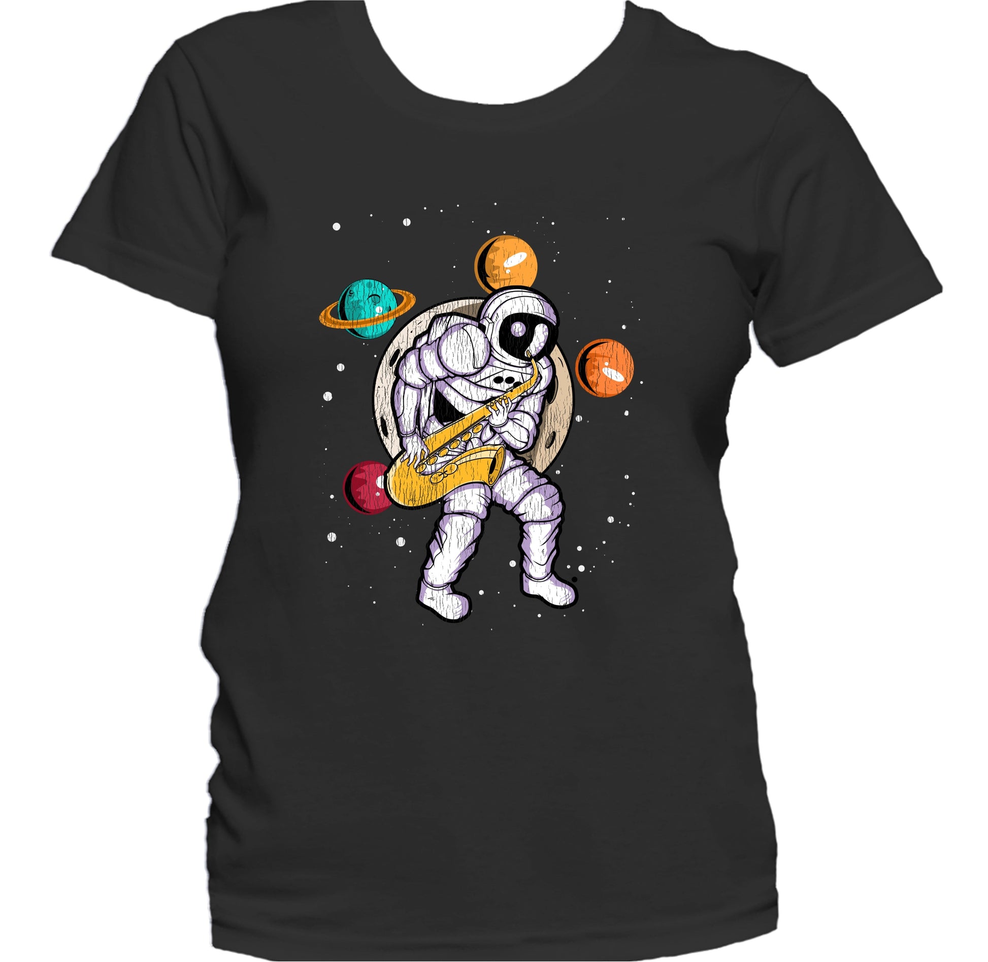 Sax Player Astronaut Outer Space Spaceman Saxophone Distressed Women's T-Shirt