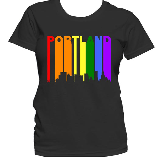 Portland Oregon Skyline Rainbow LGBTQ Gay Pride Women's T-Shirt