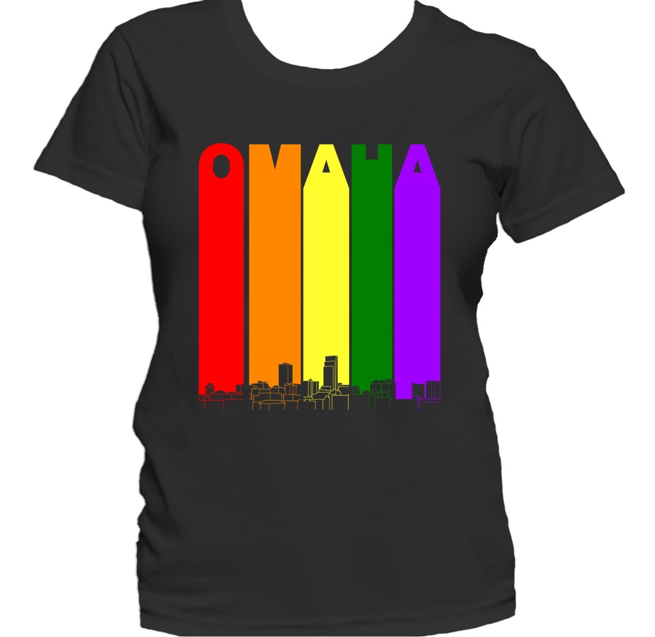 Omaha Nebraska Skyline Rainbow LGBTQ Gay Pride Women's T-Shirt