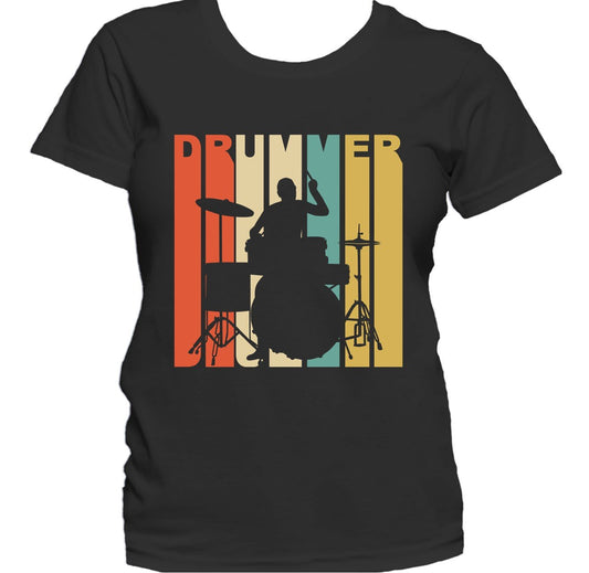 Retro 1970's Style Drummer Silhouette Retro Music Women's T-Shirt