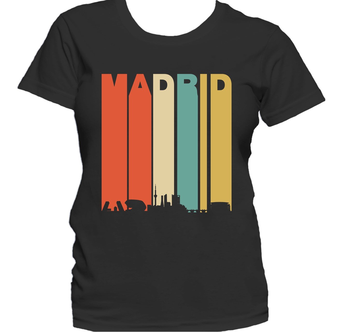 Retro 1970's Style Madrid Spain Cityscape Downtown Skyline Women's T-Shirt