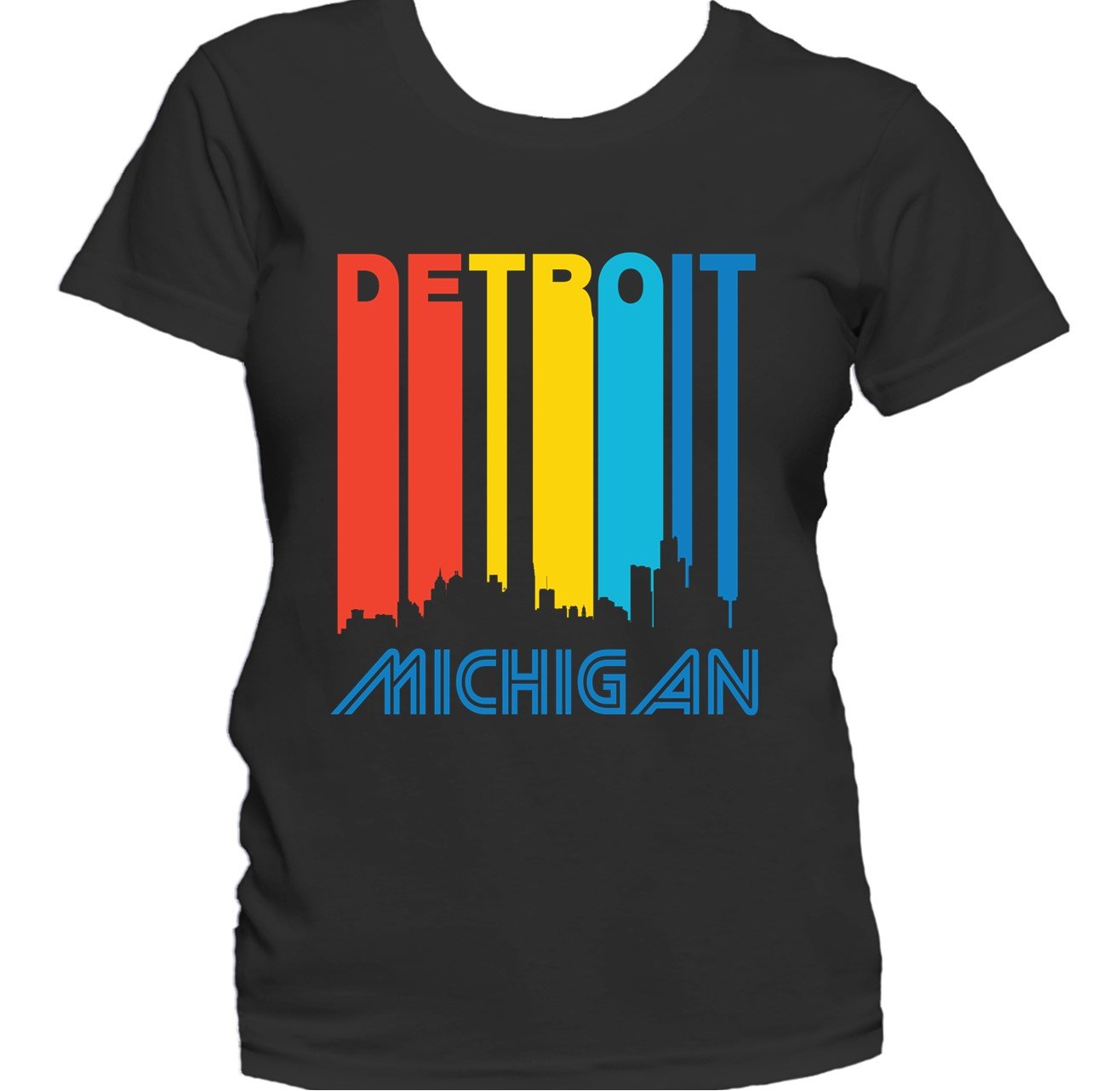 Retro 1970's Style Detroit Michigan Cityscape Downtown Skyline Women's T-Shirt
