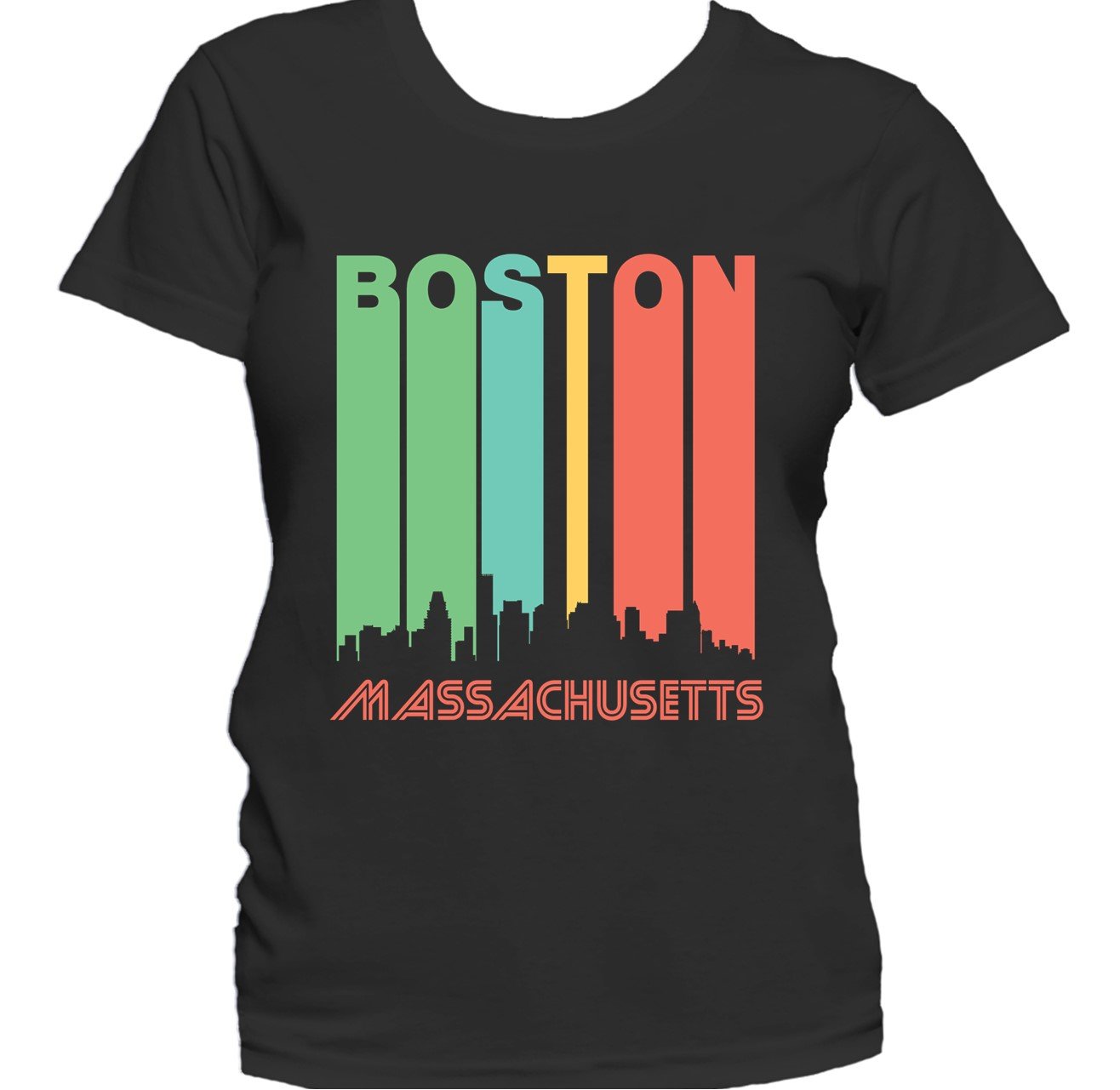 Retro 1970's Style Boston Massachusetts Cityscape Downtown Skyline Women's T-Shirt