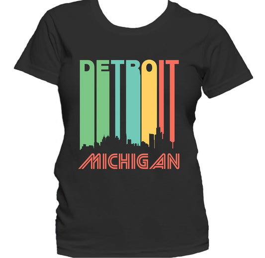 Retro 1970's Style Detroit Michigan Cityscape Downtown Skyline Women's T-Shirt