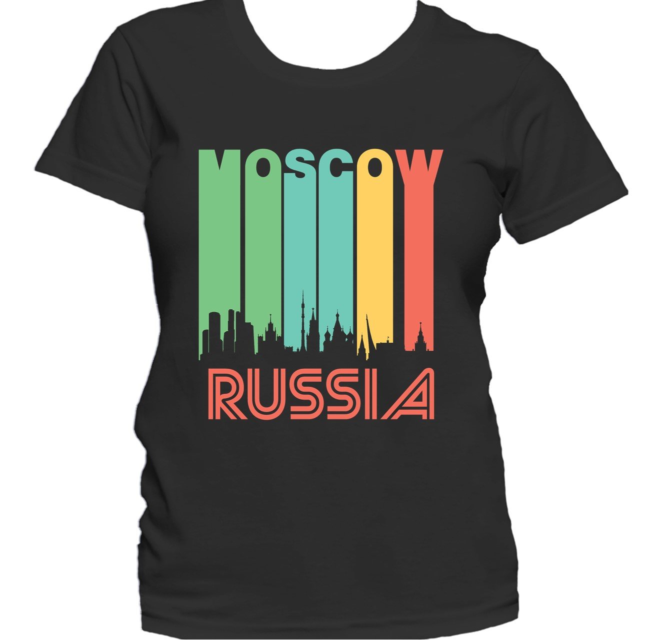 Retro 1970's Style Moscow Russia Cityscape Downtown Skyline Women's T-Shirt